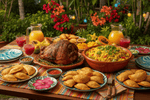 Puerto Rican cuisine spread with arroz con gandules, pernil, and empanadillas