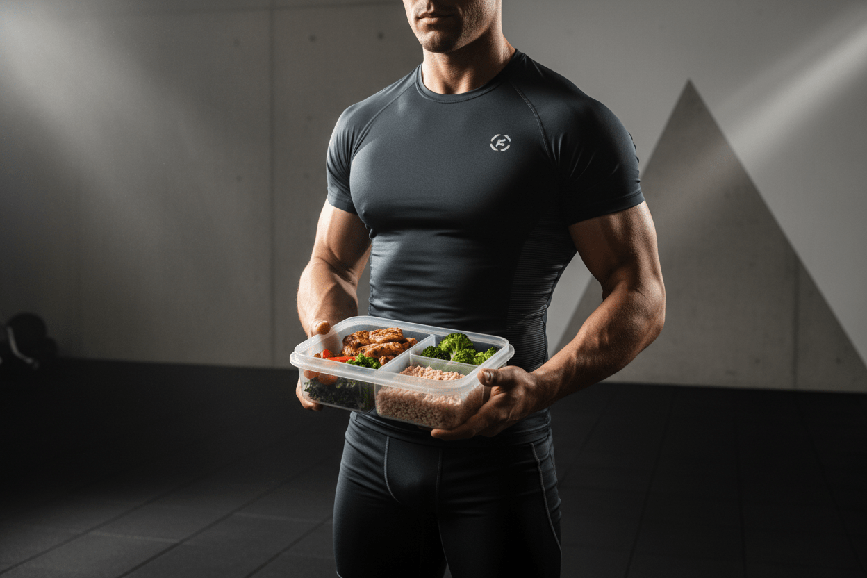 Athlete holding meal prep container at gym