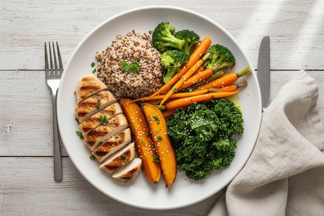 Balanced meal prep plate with protein, vegetables, and rice