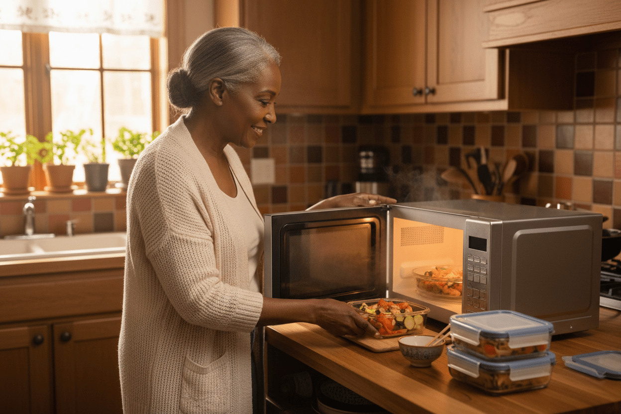Senior opening a meal prep container at the kitchen table