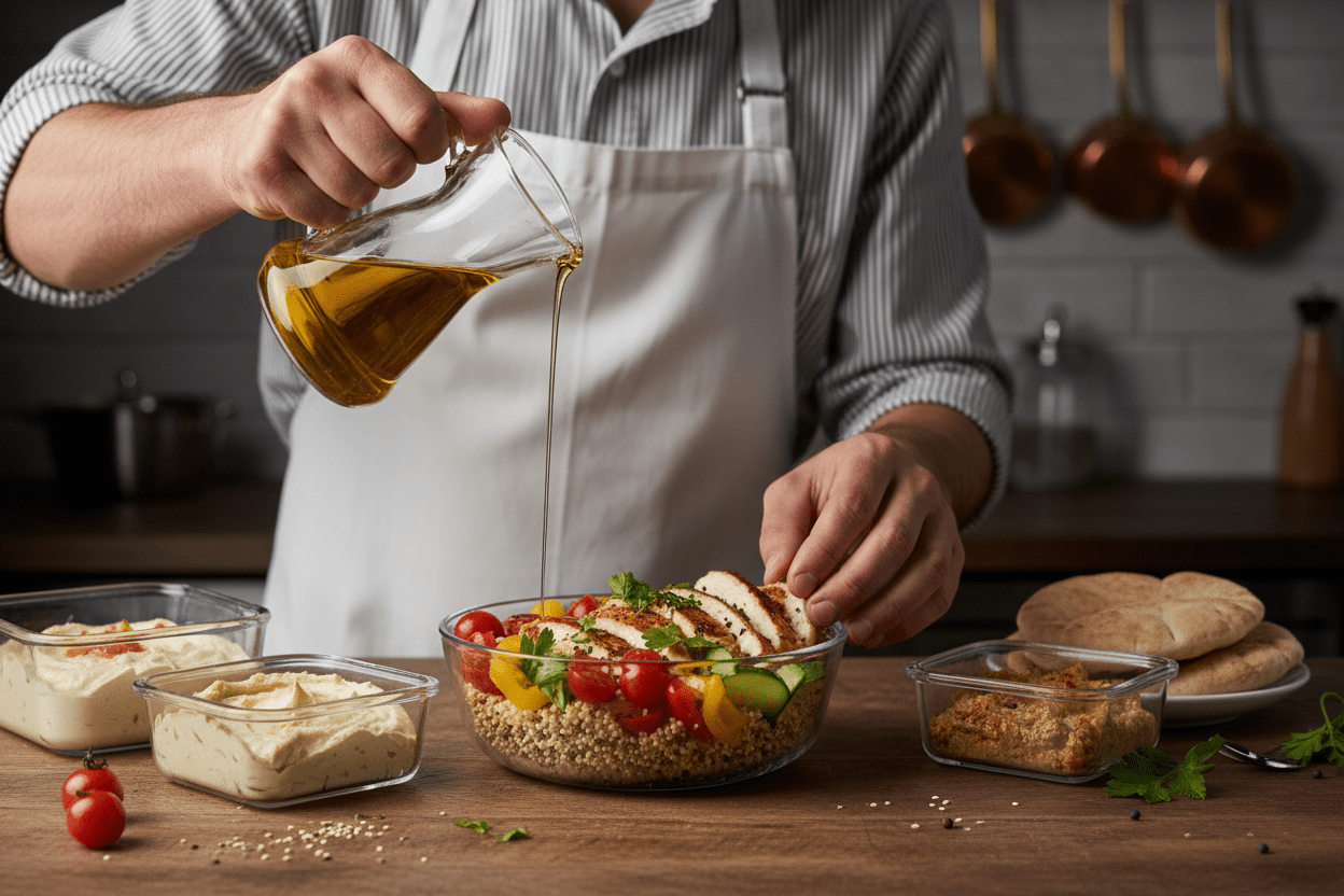 Colorful healthy meal prep dishes with vegetables and lean protein