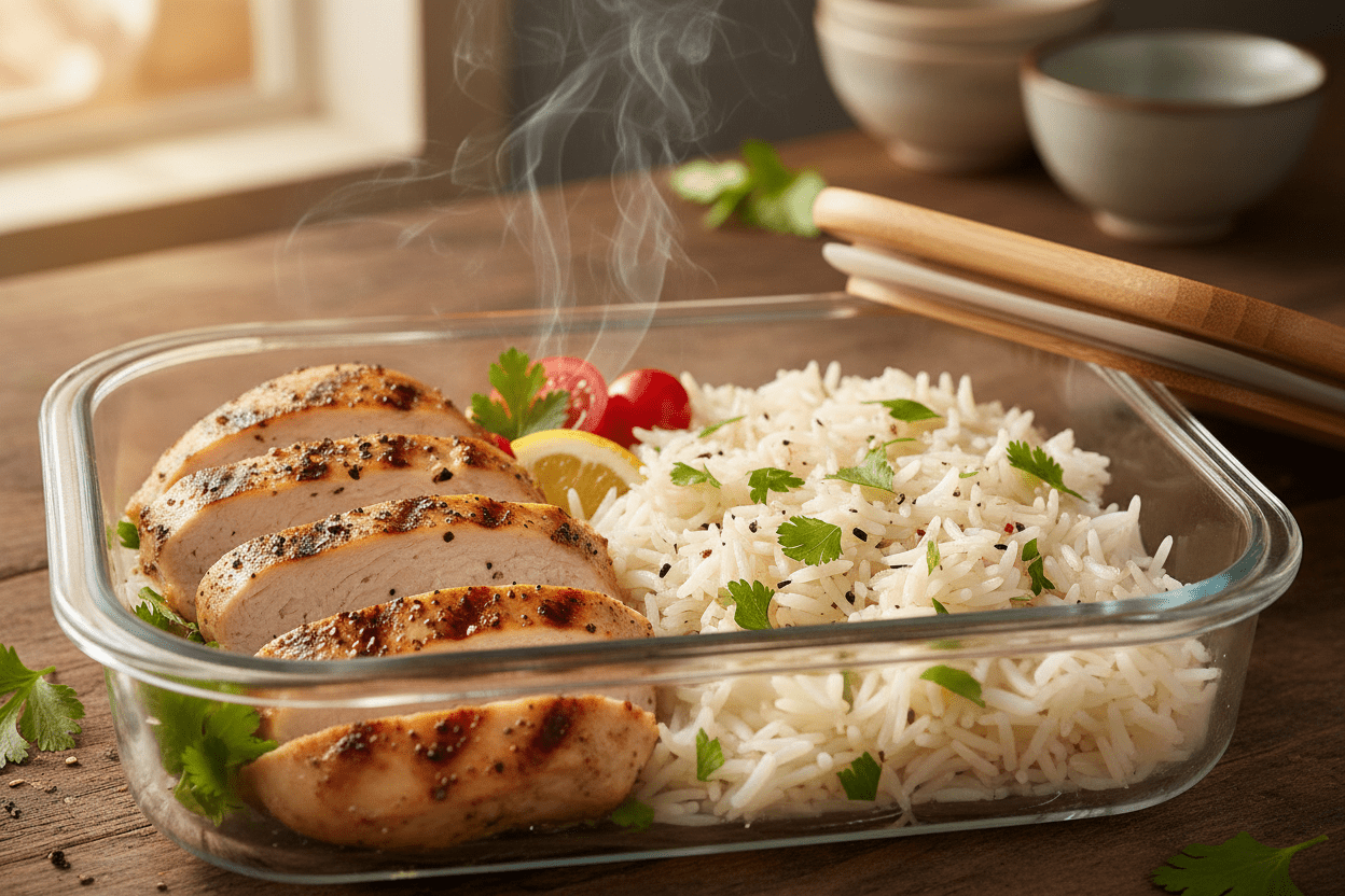 Meal prep dishes and prices displayed neatly on a table