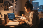 College student eating meal prep bowl while studying at desk
