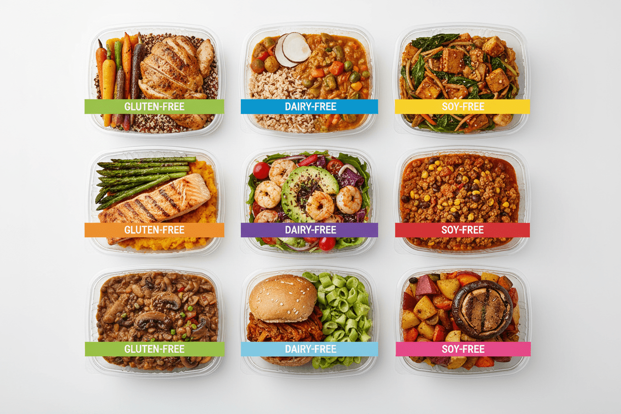 Meal prep containers arranged with labels for allergy safety