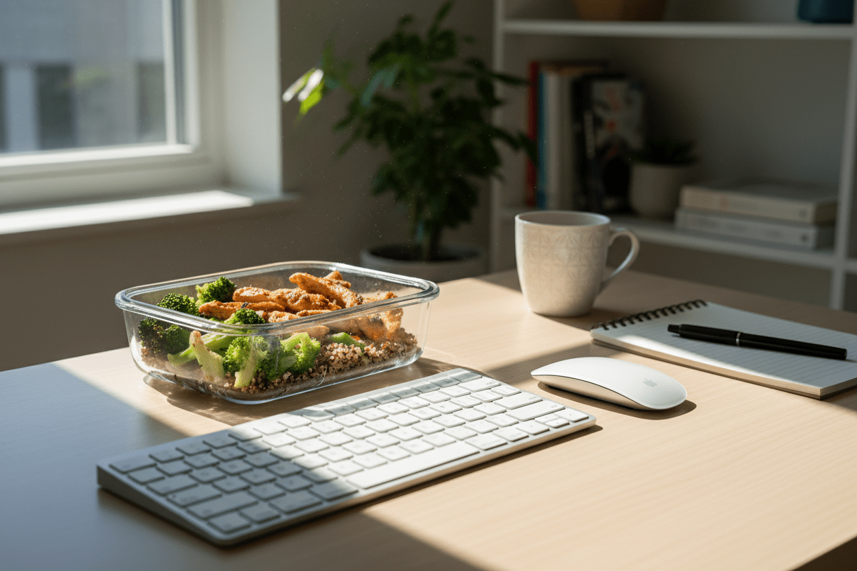 Remote worker eating meal prep at home office desk