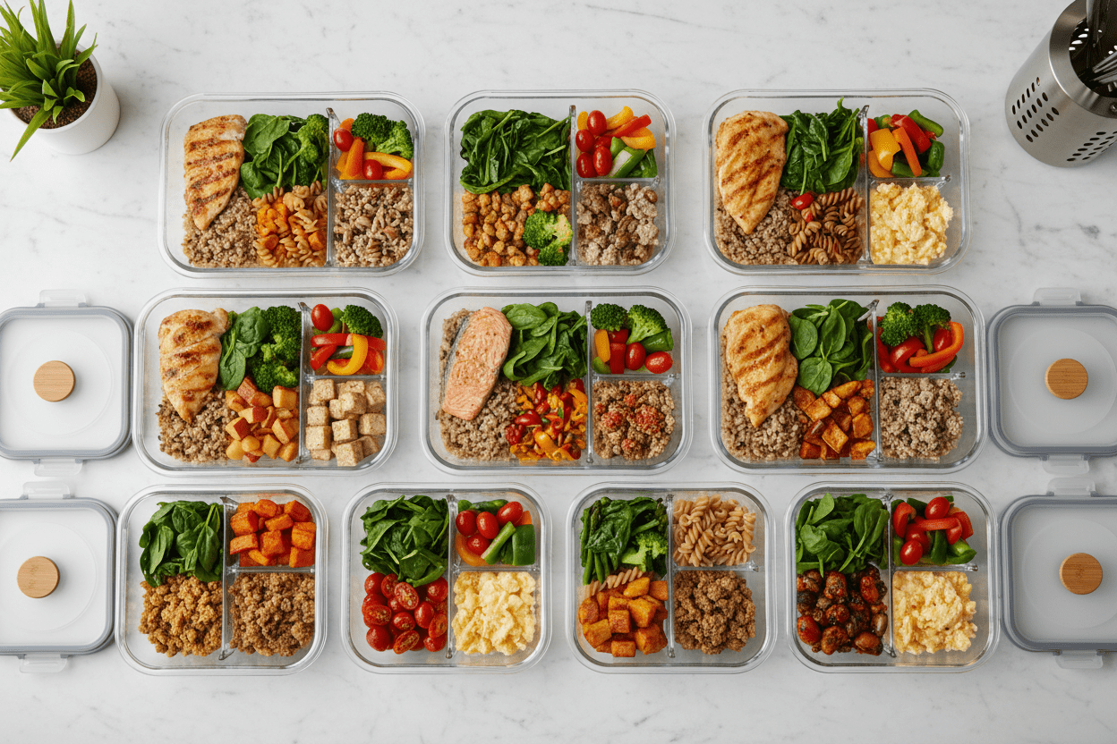 Portion-controlled meal prep containers neatly arranged