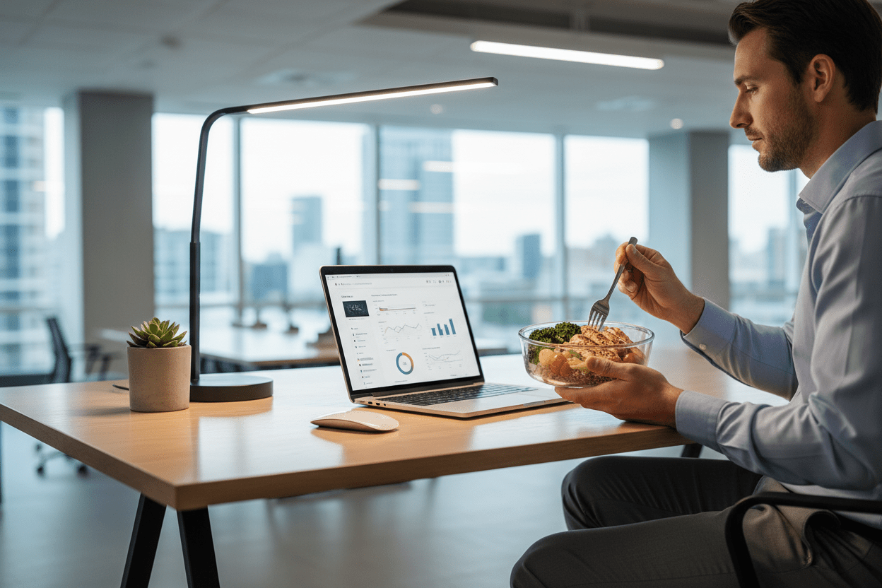 Business professional eating a meal prep bowl at a desk