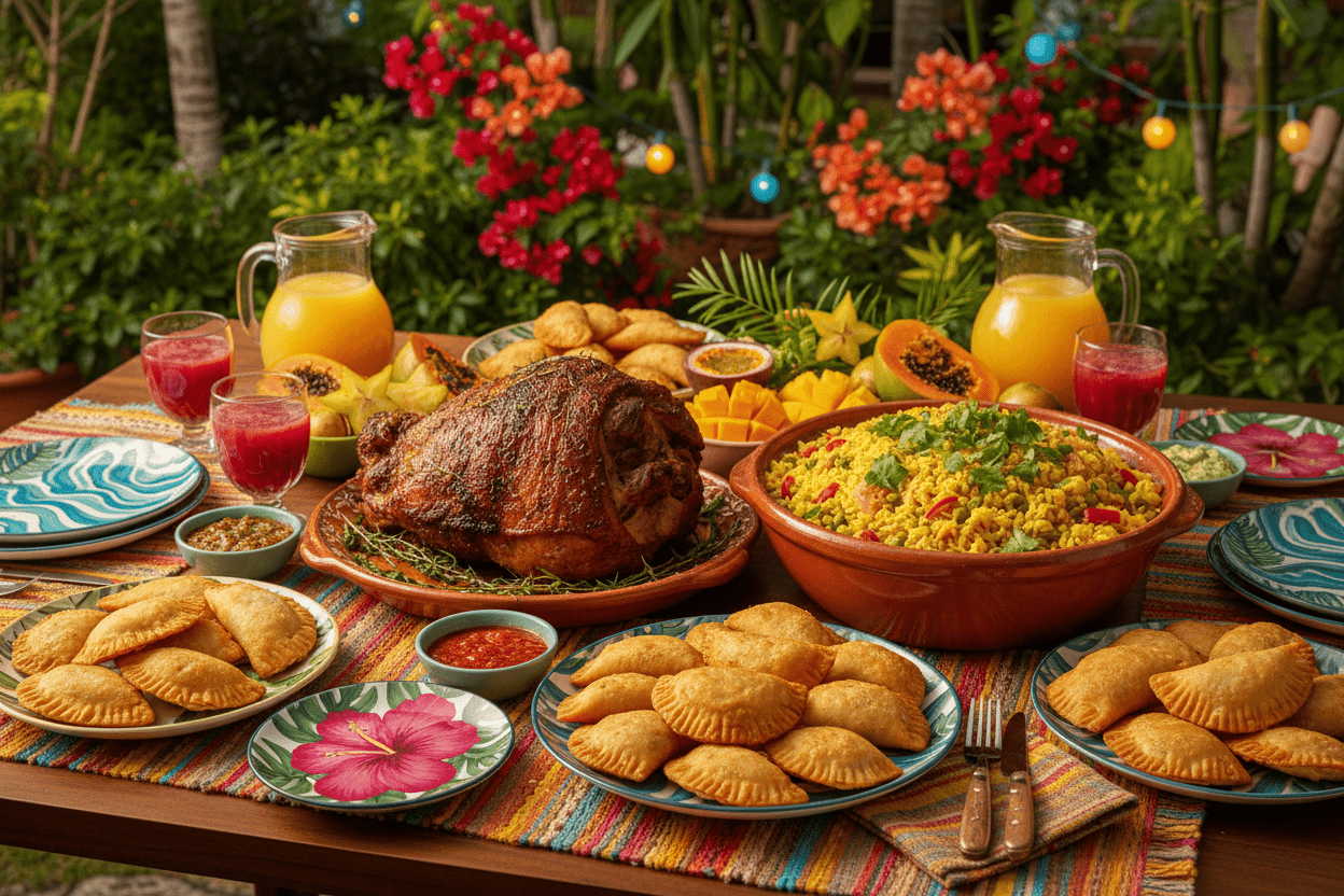 Puerto Rican cuisine spread with arroz con gandules, pernil, and empanadillas