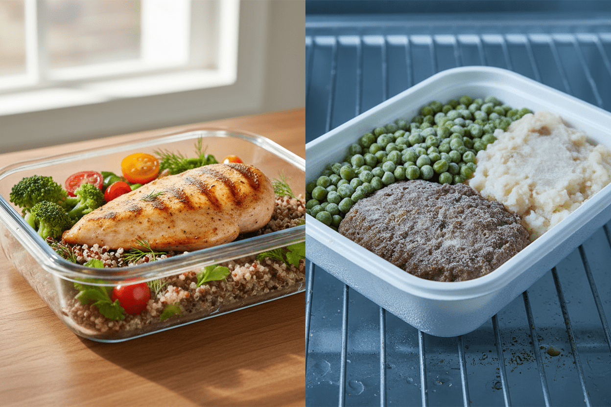 Side-by-side comparison of fresh meal prep vs frozen meal package