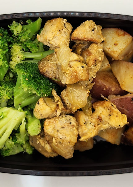 Roasted pork slices with seasoned crust in a Chef Shaby meal prep dish