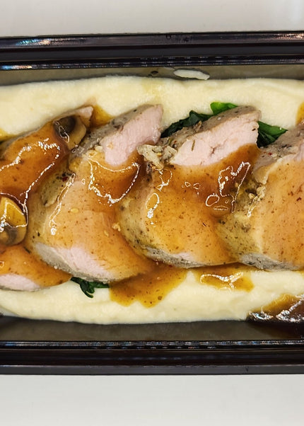 Tender pork with creamy mushroom sauce in a Chef Shaby meal prep bowl