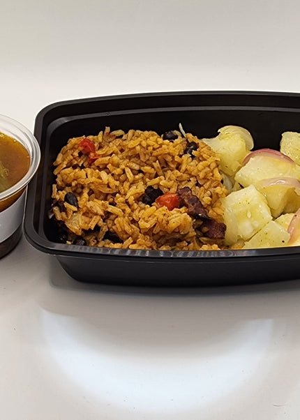 Ropa vieja shredded beef with Congri rice in a Chef Shaby meal prep container