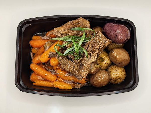Pot roast with carrots and potatoes in a Chef Shaby meal prep container