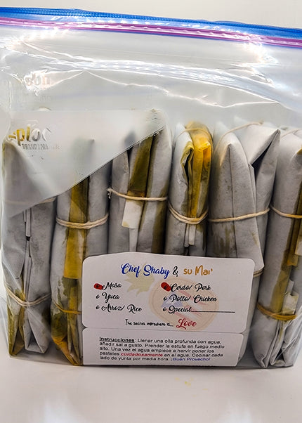 “Traditional Puerto Rican pasteles wrapped in banana leaves handmade weekly by Chef Shaby y Su Mai”