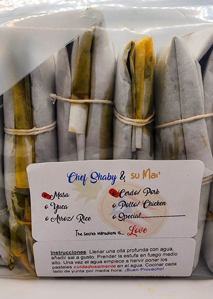 “Traditional Puerto Rican pasteles wrapped in banana leaves handmade weekly by Chef Shaby y Su Mai”
