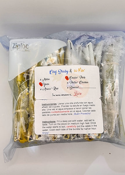 “Traditional Puerto Rican pasteles wrapped in banana leaves handmade weekly by Chef Shaby y Su Mai”