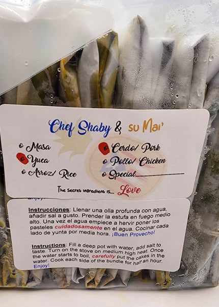 “Traditional Puerto Rican pasteles wrapped in banana leaves handmade weekly by Chef Shaby y Su Mai”