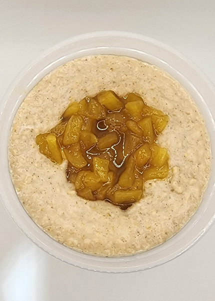 Almond milk oatmeal topped with pineapple preserve made fresh in Denton Texas