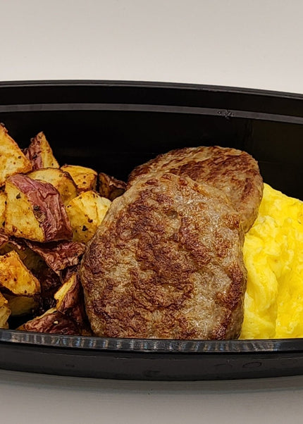 Scrambled eggs and sausage breakfast meal prep from Chef Shaby in Denton Texas