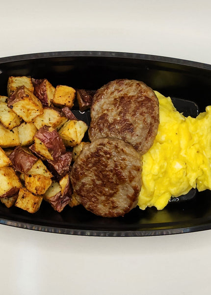 Scrambled eggs and sausage breakfast meal prep from Chef Shaby in Denton Texas