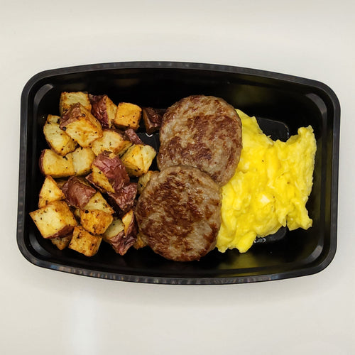 Scrambled eggs and sausage breakfast meal prep from Chef Shaby in Denton Texas
