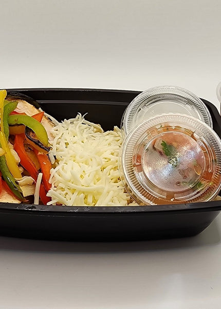 Chicken fajitas with peppers and rice in a Chef Shaby meal prep bowl