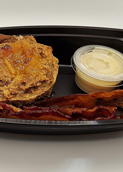 Orange marmalade French toast casserole with crispy bacon meal prep