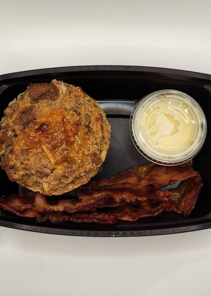 Orange marmalade French toast casserole with crispy bacon meal prep
