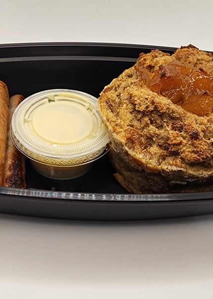 Warm peach compote French toast casserole baked fresh by Chef Shaby y Su Mai in Denton Texas
