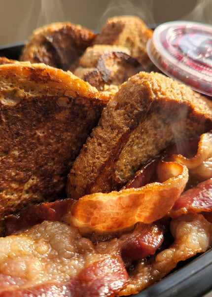 French Toast with Mixed Berries Compote & Bacon