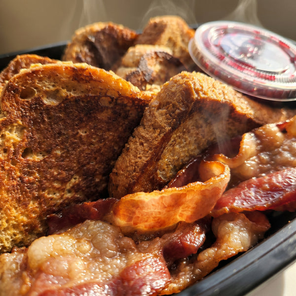 French Toast with Mixed Berries Compote & Bacon