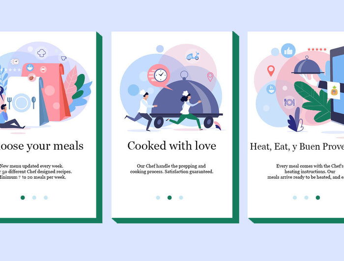 Illustrated three-step meal prep process showing choosing meals cooked with love and heating to enjoy Chef Shaby y Su Mai’s weekly meal prep service in Denton Texas