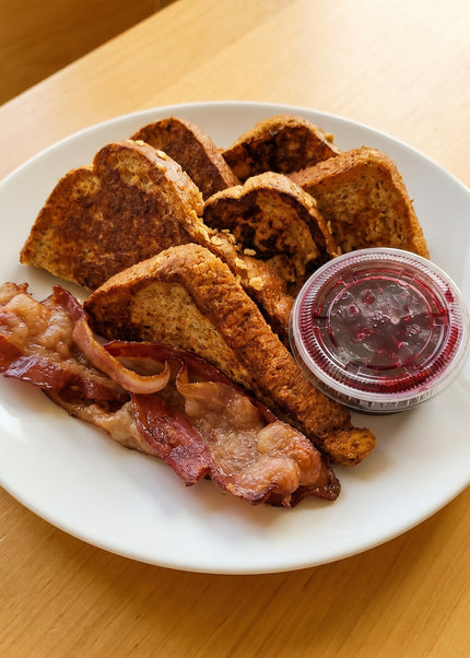 French Toast with Mixed Berries Compote & Bacon